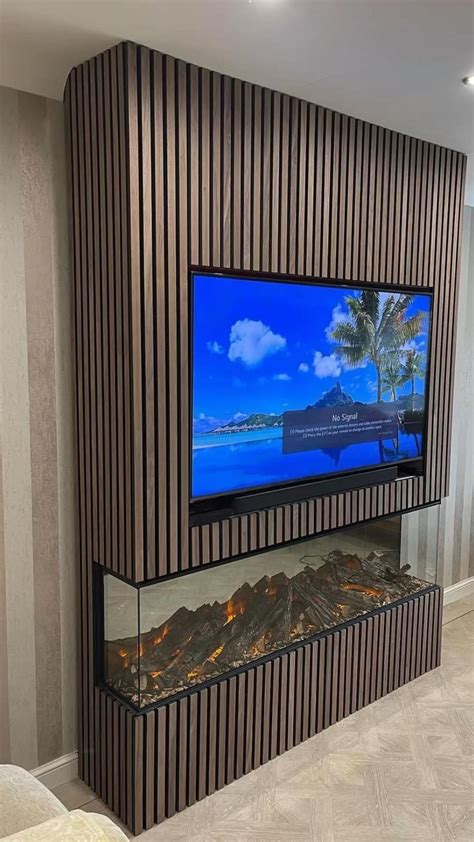 Media wall with acoustic wood panels [Video] | Fireplace tv wall, Fireplace feature wall, Modern ...