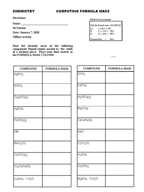 Formula Mass Worksheet | PDF