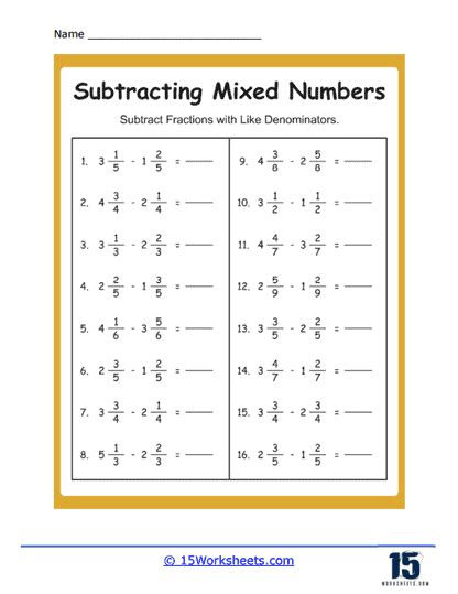 Subtracting Mixed Numbers Worksheets - 15 Worksheets.com