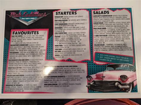 Menu at Pink Cadillac's Malt Shop and Lounge restaurant, Saskatoon