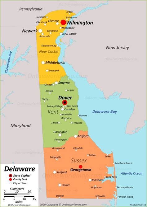 a map of the state of delaware with all its major cities and towns on it