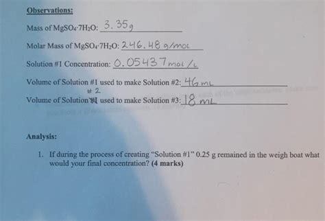 Solved Mass of MgSO4⋅7H2O:3.35 g Molar Mass of | Chegg.com