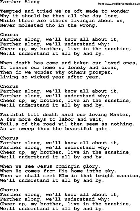 Baptist Hymnal, Christian Song: Farther Along- lyrics with PDF for printing