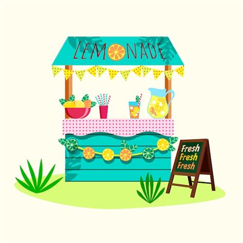 Premium Vector | Cartoon lemonade stand with fresh lemons and freshly ...