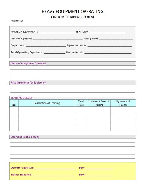 heavy Equipment operator Training Form Format | Samples | Word Document Download