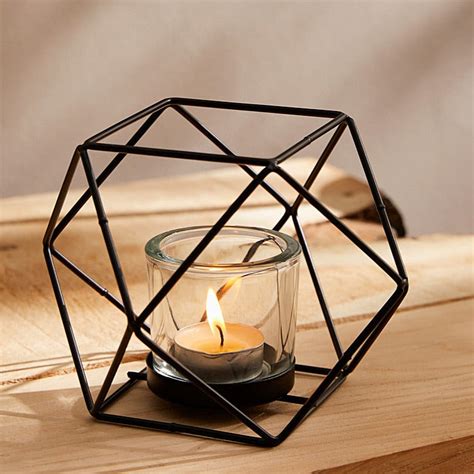 Geometrical Black Metal Round Glass & Metal Tea Light Candle Holder - WallMantra