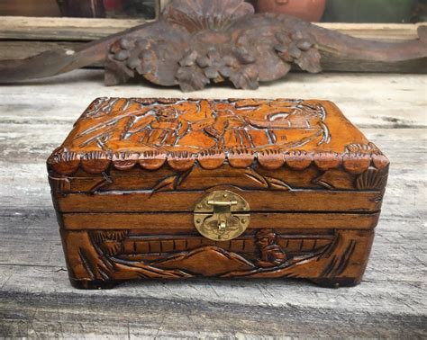 Vintage Asian Wooden Jewelry Box Hand Carved Red Satin Lined Medium ...