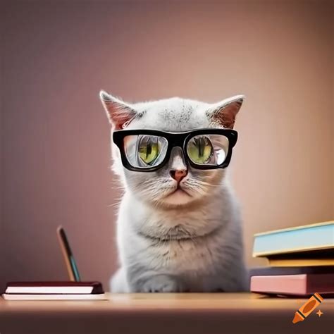 Cat with glasses sitting on a school desk on Craiyon