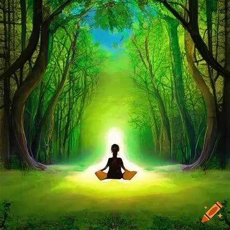 Bright artwork of people meditating in green nature on Craiyon