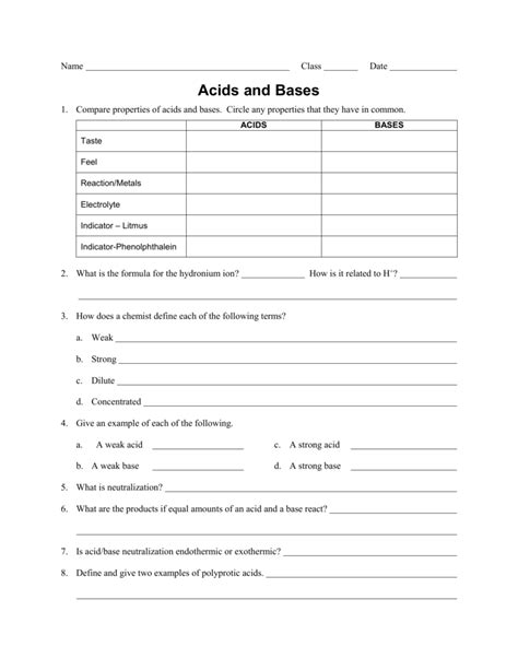 Acid Base Reactions Worksheet - Wordworksheet.com