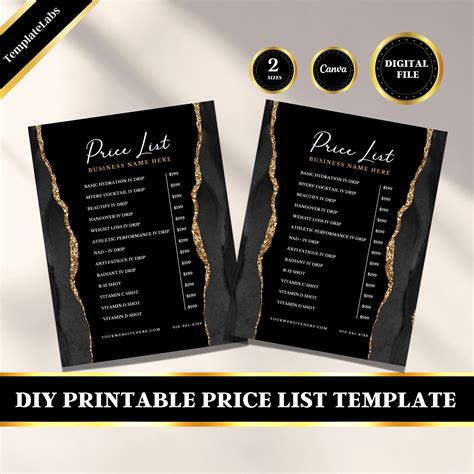 IV Hydration Template, Printable Price List Template, IV Drip Hydration, Editable Price List ...