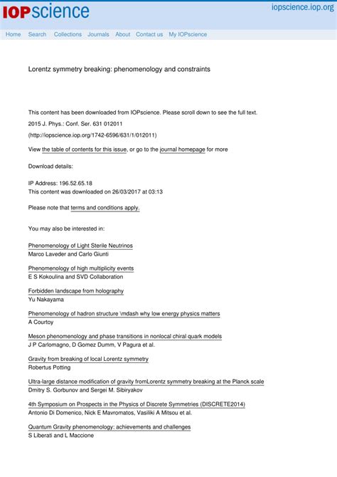 (PDF) Lorentz symmetry breaking: Phenomenology and constraints