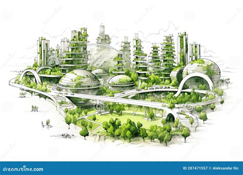 Futuristic City Sketch Drawing. Sustainable, Green Energy Concept ...