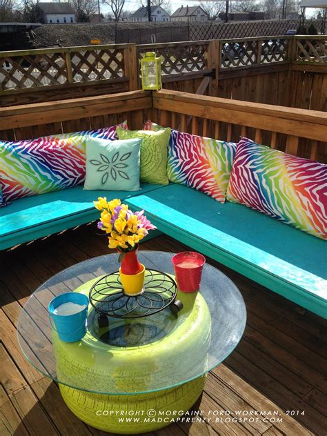 Tire Coffee Table Makeover On Colorful Deck Seating Area | Ann Inspired