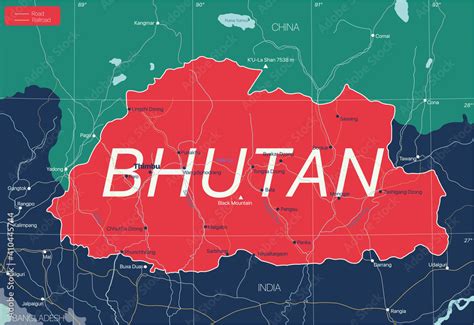 Bhutan country detailed editable map with regions cities and towns, roads and railways ...