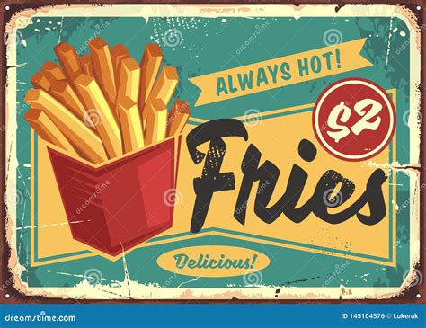 French Fries in Red Box Vintage Fast Food Sign Stock Vector - Illustration of fast, crispy ...