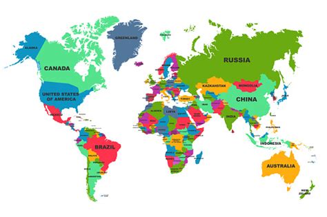 Political World Map Colourful World Countries And Country Names Continents Of The Planet Stock ...