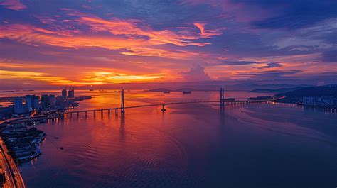 Aerial View Morning Sunrise Of Penang Bridge Background, Aerial View ...