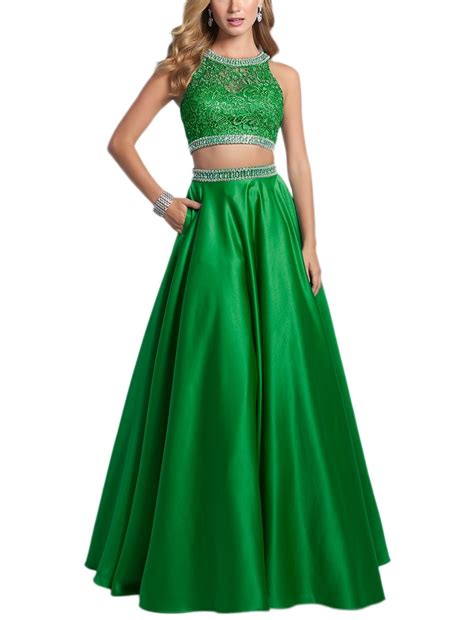 Doramei Women's A-Line Two Pieces Special Occasion Dress Halter Neck Beaded Lace Satin Prom Dresses