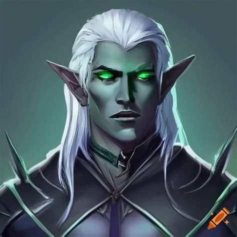 Image of a handsome dark elf with long white hair and emerald green eyes on Craiyon
