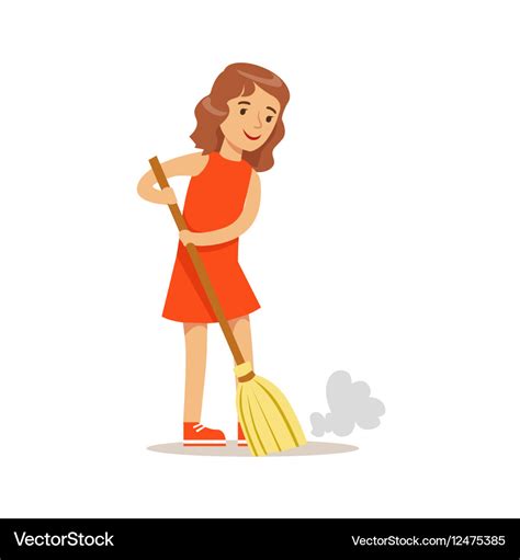 Girl sweeping the floor with the broom smiling Vector Image