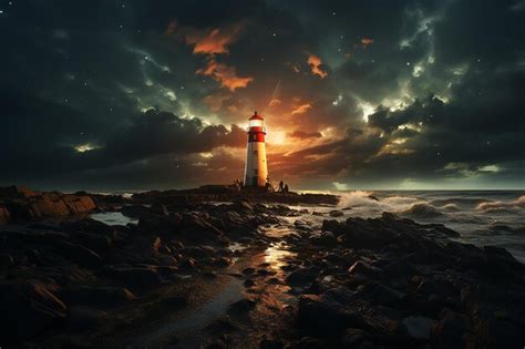 Premium AI Image | Illuminating Lighthouse at Night A Radiant Beam of Light