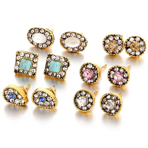 Women Vintage Earrings Stud 6 Pairs a Set Crystals and turqoise Simple Small Style Wedding ...