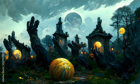 Artistic painting concept of Halloween background with pumpkin in a spooky Graveyard at night ...