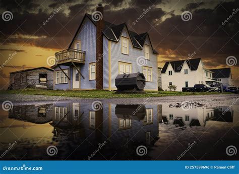 Sunset Road Puddle Reflection of Rustic Beach Homes on the Avalon Peninsula Stock Photo - Image ...