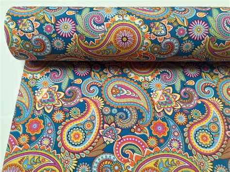 BLUE PAISLEY Designer Curtain Upholstery cotton fabric material - 55" or 140cm wide - BLUE ...