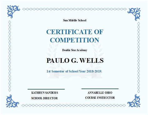 The school competition certificate template features light blue background and a plant orna ...