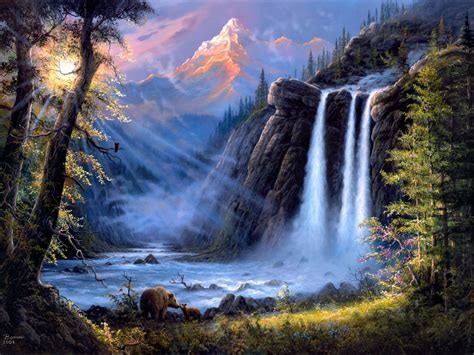 Jesse Barnes art painting, landscape, waterfalls, trees, bears wallpaper | art and paintings ...