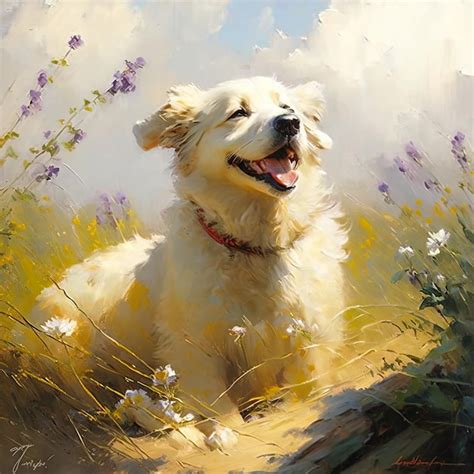 Premium AI Image | a painting of a dog in a field of flowers.