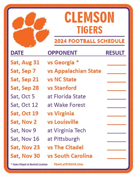 Printable 2024 Clemson Tigers Football Schedule