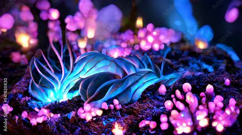 ภาพประกอบสต็อก Real 4K, 16:9, Colorful unreal bioluminescence flower ...