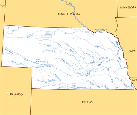 Large rivers and lakes map of Nebraska state | Nebraska state | USA ...