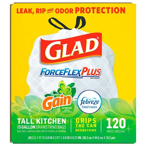 Glad ForceFlex OdorShield Tall Kitchen Drawstring Trash Bags, Gain Original Scent (13 gal., 120 ...