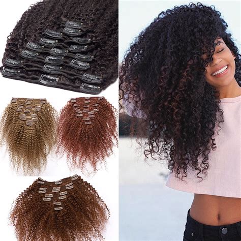 SEGO Kinky Curly Clip in Real Human Hair Extensions Double Weft Remy Full Head Thick Hair ...