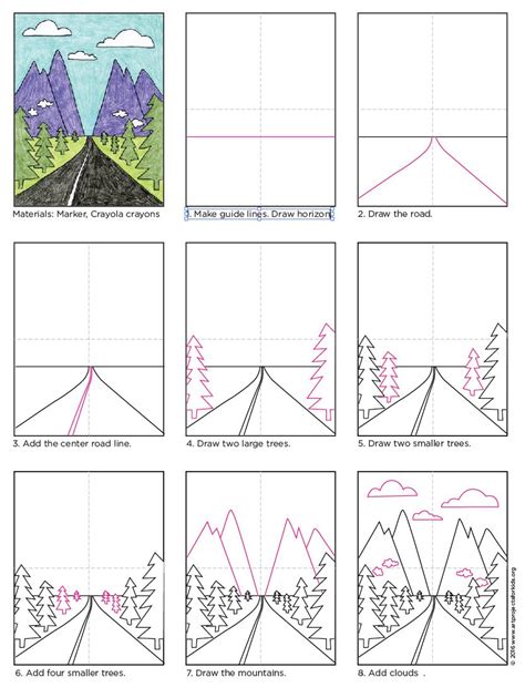 How to draw Landscapes in Perspective Tutorial Video and Landscape Coloring Page | Elementary ...