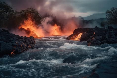 Premium AI Image | A stream of lava from a volcano flows into a river