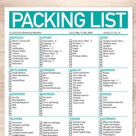 Modern Bright Aqua Printable Packing List 8.5x11 | Etsy in 2021 ...