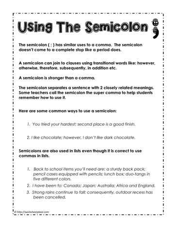 How to Use a Semicolon Worksheets