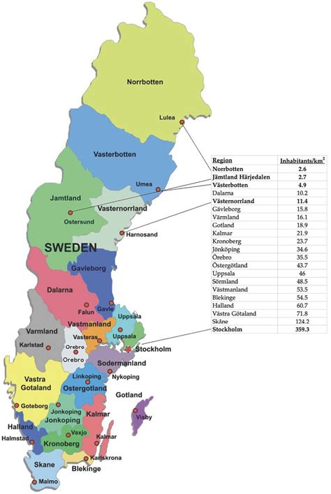 The 21 regions of Sweden and their population densities. | Download Scientific Diagram