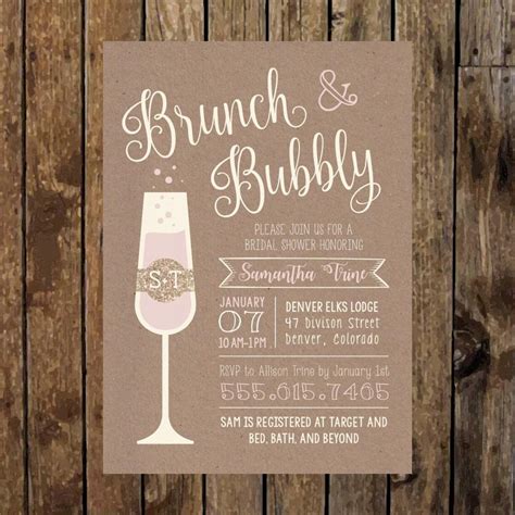 5 X 7 Printable Rustic BRUNCH & BUBBLY Bridal Shower Invitation. Bridal Shower Brunch. Champagne ...