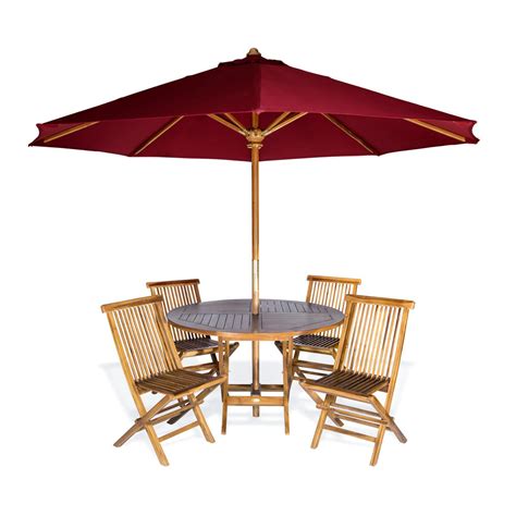 6-Piece 4-ft Teak Round Folding Table Set with Red Umbrella - All ...