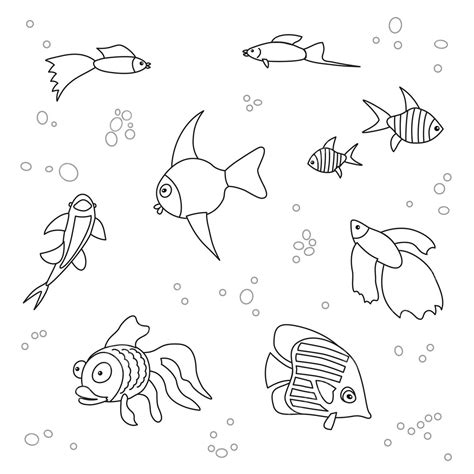 Aquarium Outline Fish Set On White Background Contour Drawing Art ...