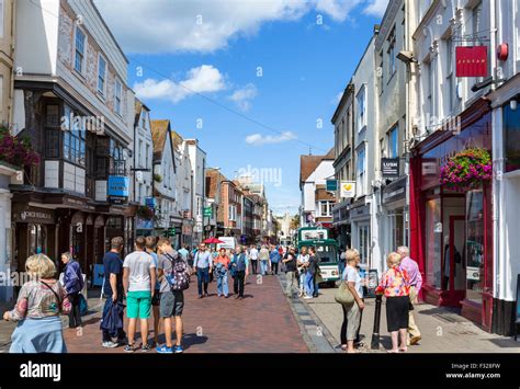 Shops on the High Street in the historic city centre, Canterbury, Kent, England, UK Stock Photo ...