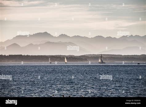 A view of the Olympic mountains from the Golden Gardens beach in ...