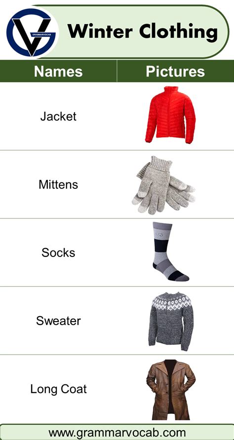 Winter clothing vocabulary - Clothes Names with Pictures - GrammarVocab