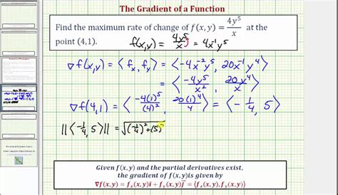 Ex: Use the Gradient to Find the Maximum Rate of Increase of f(x,y)=(4y^5)/x from a Point - YouTube